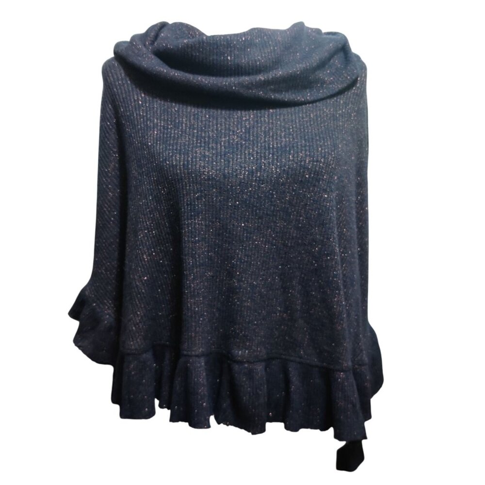 Anthropologie Postmark XS S Navy Metallic Ruffle Cowl Neck Asymmetrical Sweater